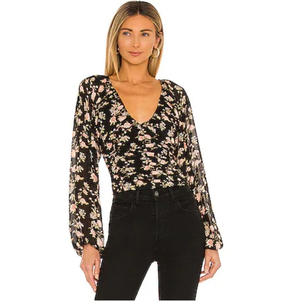 Free People Smocked Floral Blouse Womens Small Black Long Sleeve Final Rose